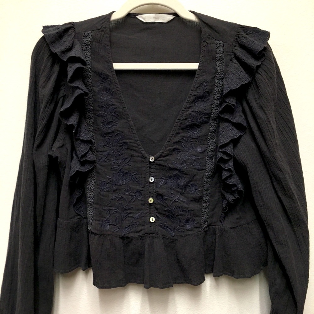 Mango Crop Ruffle Embroidered Long Sleeve Blouse Small Blue Gray 100% Cotton